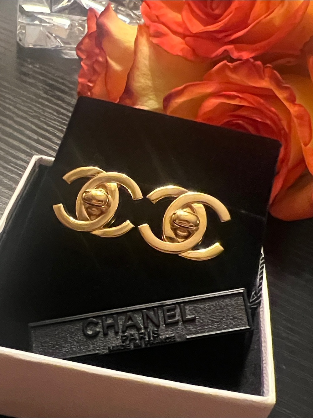 Vintage CHANEL B5/A Goldtone Turnlock Clip Earrings /Karl Lagerfeld W/Tag